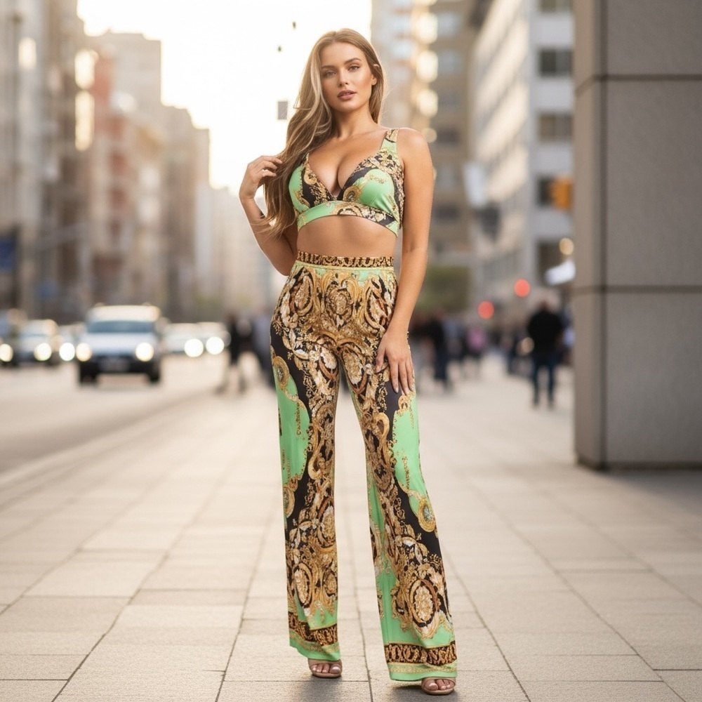 Women's Printed Sleeveless Crop Top Matching Flare Pants Party Outfit
New